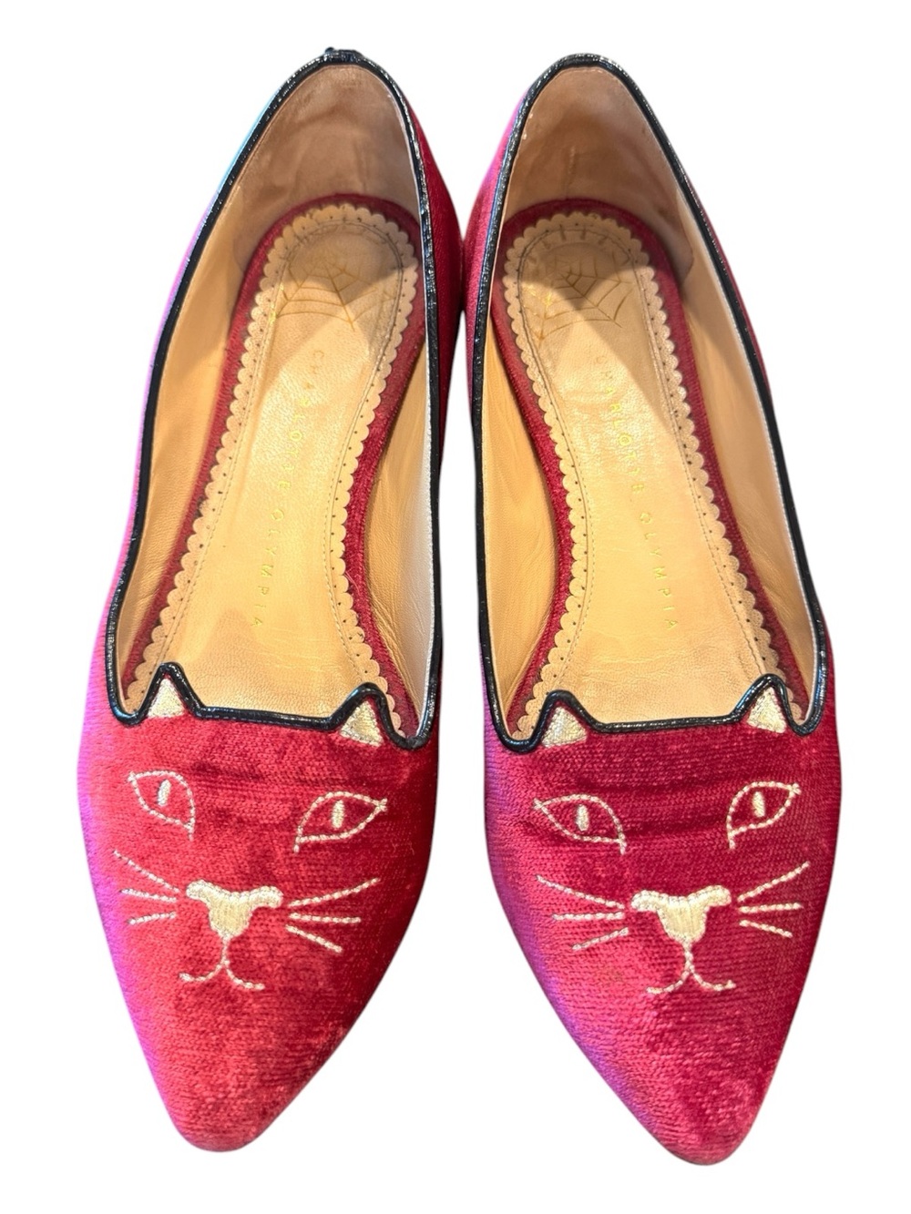 Charlotte Olympia VTG Kitty Velvet Flats Red Burgundy Velvet EU 37 Collectible